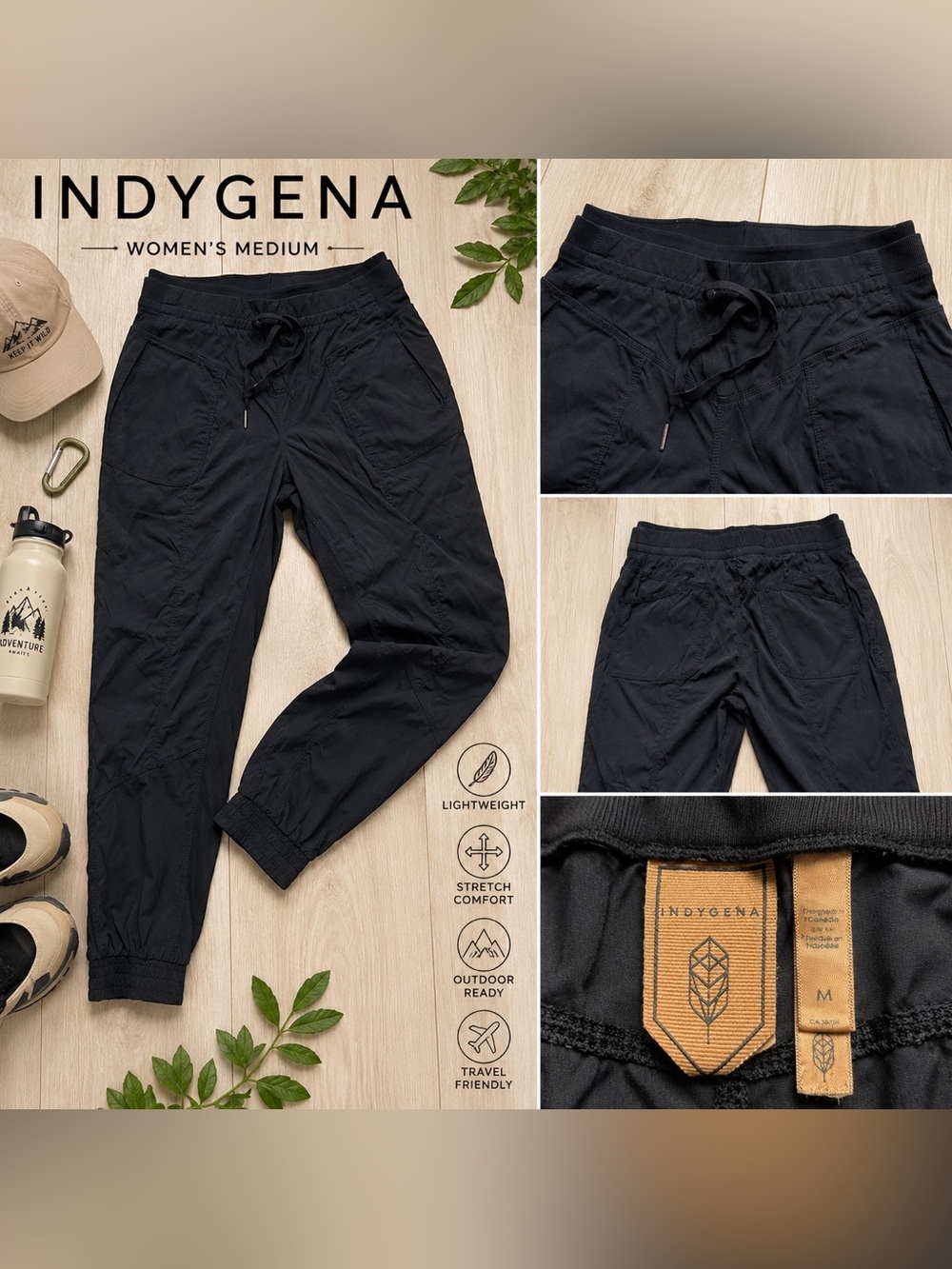 Indygena Black Jogger Pants Womens Medium Outdoor Travel Athleisure Lightweight